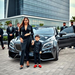 A wealthy and sophisticated woman dressed in an elegant black outfit stands proudly next to a luxurious car that has the name 'Nadia_Amir' displayed prominently on it