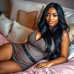 A 40-year-old woman with long black hair, lying gracefully on a bed