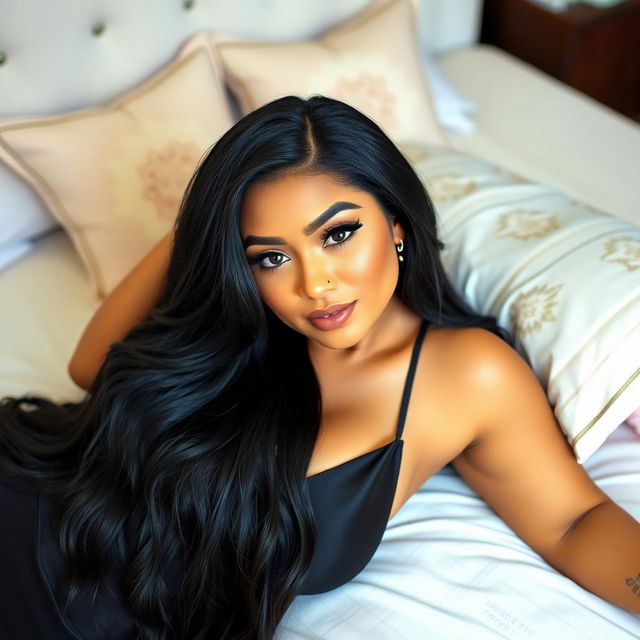 A 40-year-old woman with long black hair, lying gracefully on a bed
