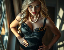 A captivating blonde model with long wavy hair and striking blue eyes, seen from above