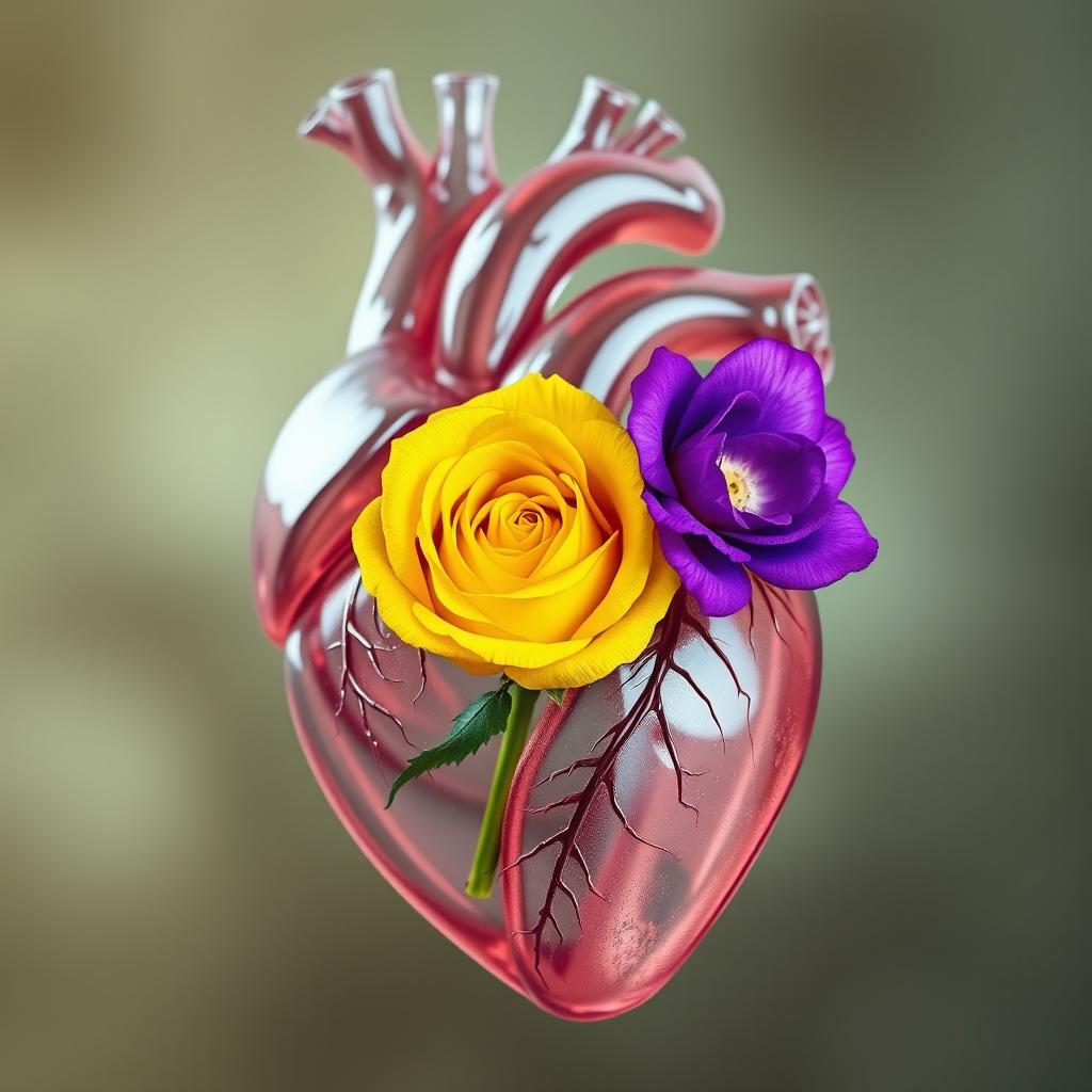 Anatomical heart depicted in a transparent style, showcasing intricate details of the heart's structure