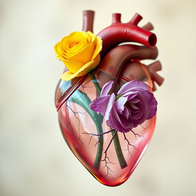 Anatomical heart depicted in a transparent style, showcasing intricate details of the heart's structure
