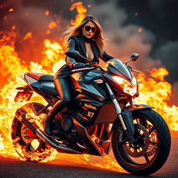 A wealthy and stylish woman clad in a chic black outfit confidently rides a powerful motorcycle that is dramatically engulfed in flames