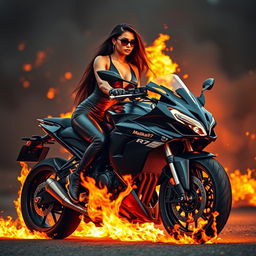 A wealthy and fashionable woman dressed in a sleek black outfit rides a powerful motorcycle that is dramatically aflame