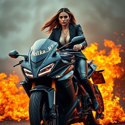 A wealthy and fashionable woman dressed in a sleek black outfit rides a powerful motorcycle that is dramatically aflame