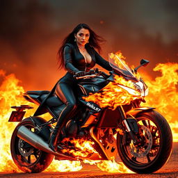 A wealthy and fashionable woman dressed in a stunning black outfit rides a powerful motorcycle that is dramatically engulfed in flames