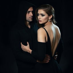 A captivating image of a couple, the man dressed in a black hoodie with the hood covering his entire face, and the woman wearing a stunning black dress that is open at the back