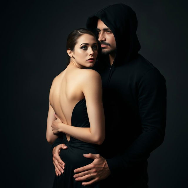 A captivating image of a couple, the man dressed in a black hoodie with the hood covering his entire face, and the woman wearing a stunning black dress that is open at the back