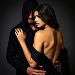 A captivating image of a couple, the man dressed in a black hoodie with the hood covering his entire face, and the woman wearing a stunning black dress that is open at the back