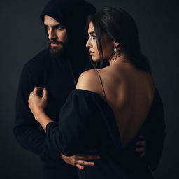 A captivating image of a couple, the man dressed in a black hoodie with the hood covering his entire face, and the woman wearing a stunning black dress that is open at the back