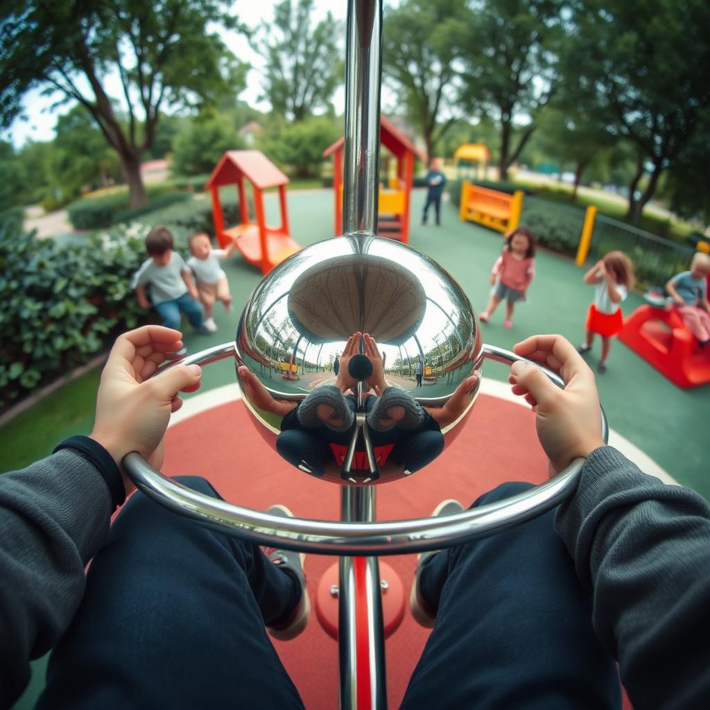 A whimsical scene from the perspective of someone seated on a simple metal merry-go-round, capturing the feeling of spinning around