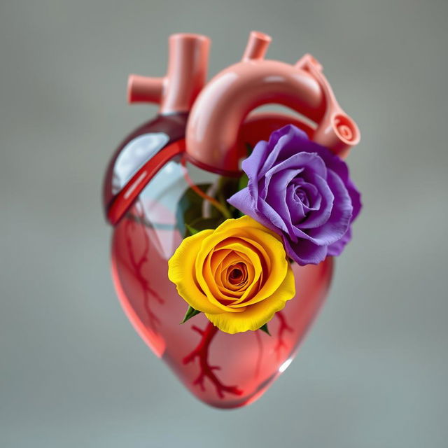 An anatomical transparent heart containing a beautiful yellow rose and a violet rose inside