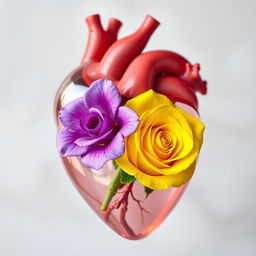 An anatomical transparent heart containing a beautiful yellow rose and a violet rose inside