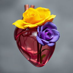 An anatomical transparent heart containing a beautiful yellow rose and a violet rose inside