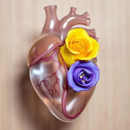An anatomical transparent heart containing a beautiful yellow rose and a violet rose inside