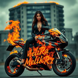 A wealthy woman dressed in an elegant black outfit, confidently seated on a stylish motorcycle engulfed in flames, showcasing the name 'Melika_R7' prominently written in a remarkable font on the bike