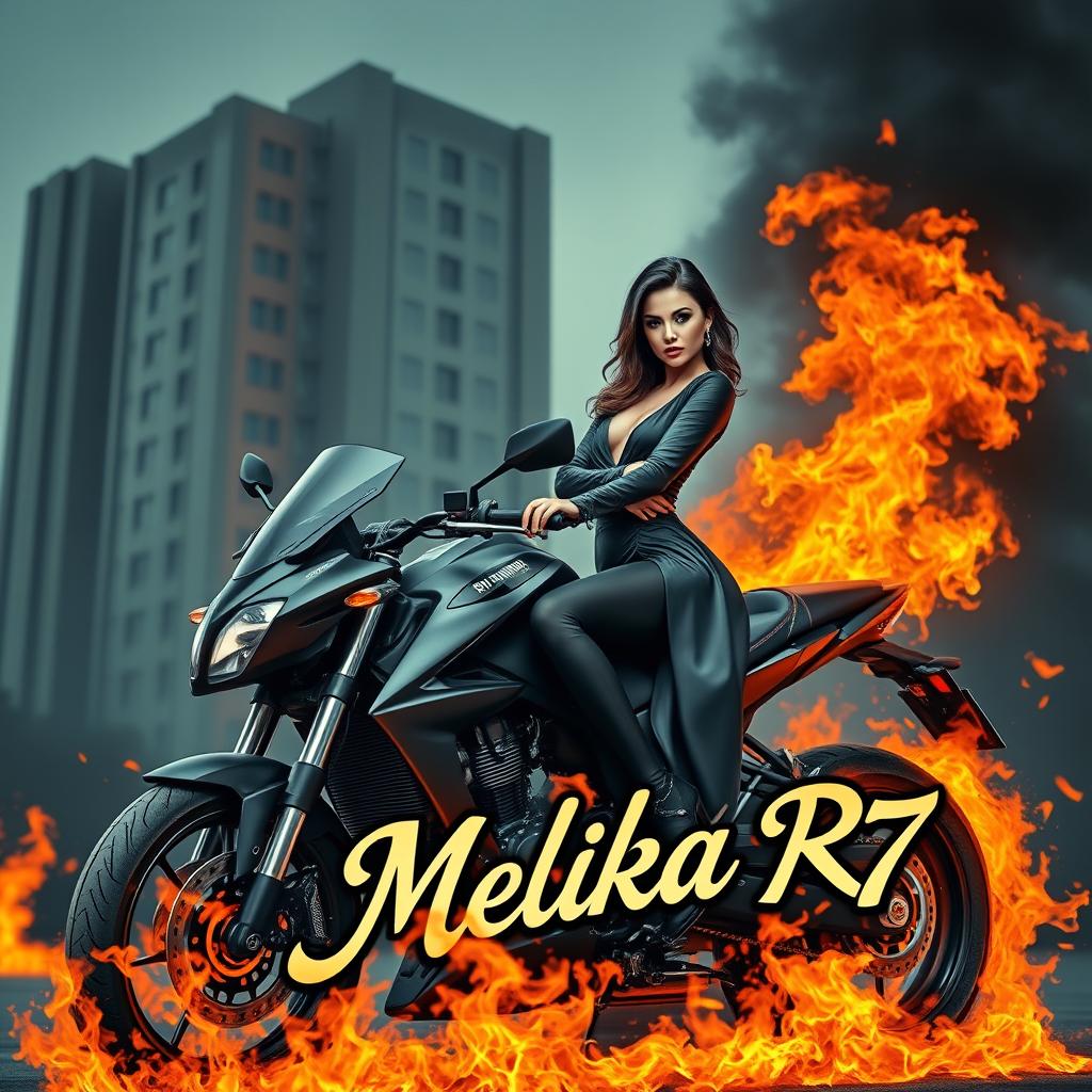 A wealthy woman dressed in an elegant black outfit, confidently seated on a stylish motorcycle engulfed in flames, showcasing the name 'Melika_R7' prominently written in a remarkable font on the bike