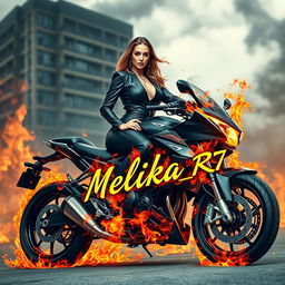 A wealthy woman dressed in an elegant black outfit, confidently seated on a stylish motorcycle engulfed in flames, showcasing the name 'Melika_R7' prominently written in a remarkable font on the bike
