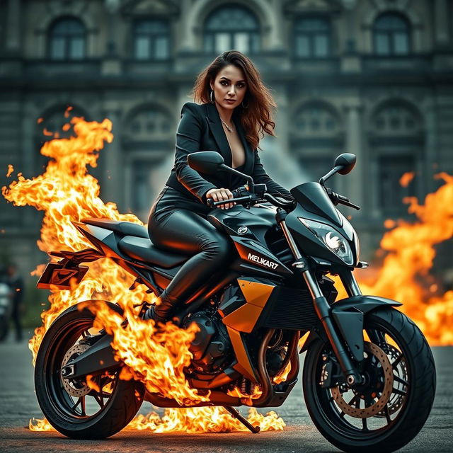 A wealthy woman dressed in an elegant black outfit, confidently sitting on a stylish motorcycle that's on fire, with the name 'Melika_R7' uniquely emblazoned on the bike