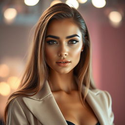 A beautiful model with striking features and a captivating expression, showcasing a flawless complexion and perfect makeup