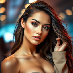A beautiful model with striking features and a captivating expression, showcasing a flawless complexion and perfect makeup