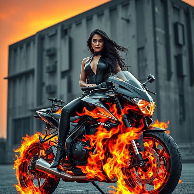 A very wealthy woman wearing a sleek black outfit, sitting on a stylish motorcycle engulfed in vibrant flames
