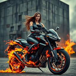 A very wealthy woman wearing a sleek black outfit, sitting on a stylish motorcycle engulfed in vibrant flames