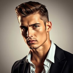 A handsome male model with sharp features and a confident expression, showcasing a strong jawline and flawless skin