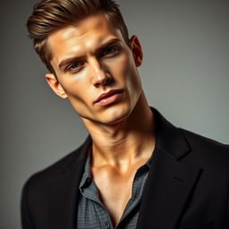 A handsome male model with sharp features and a confident expression, showcasing a strong jawline and flawless skin