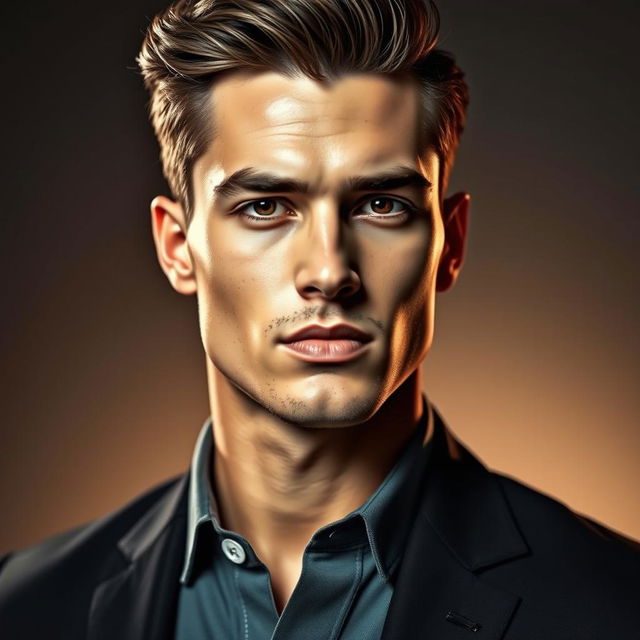 A handsome male model with sharp features and a confident expression, showcasing a strong jawline and flawless skin