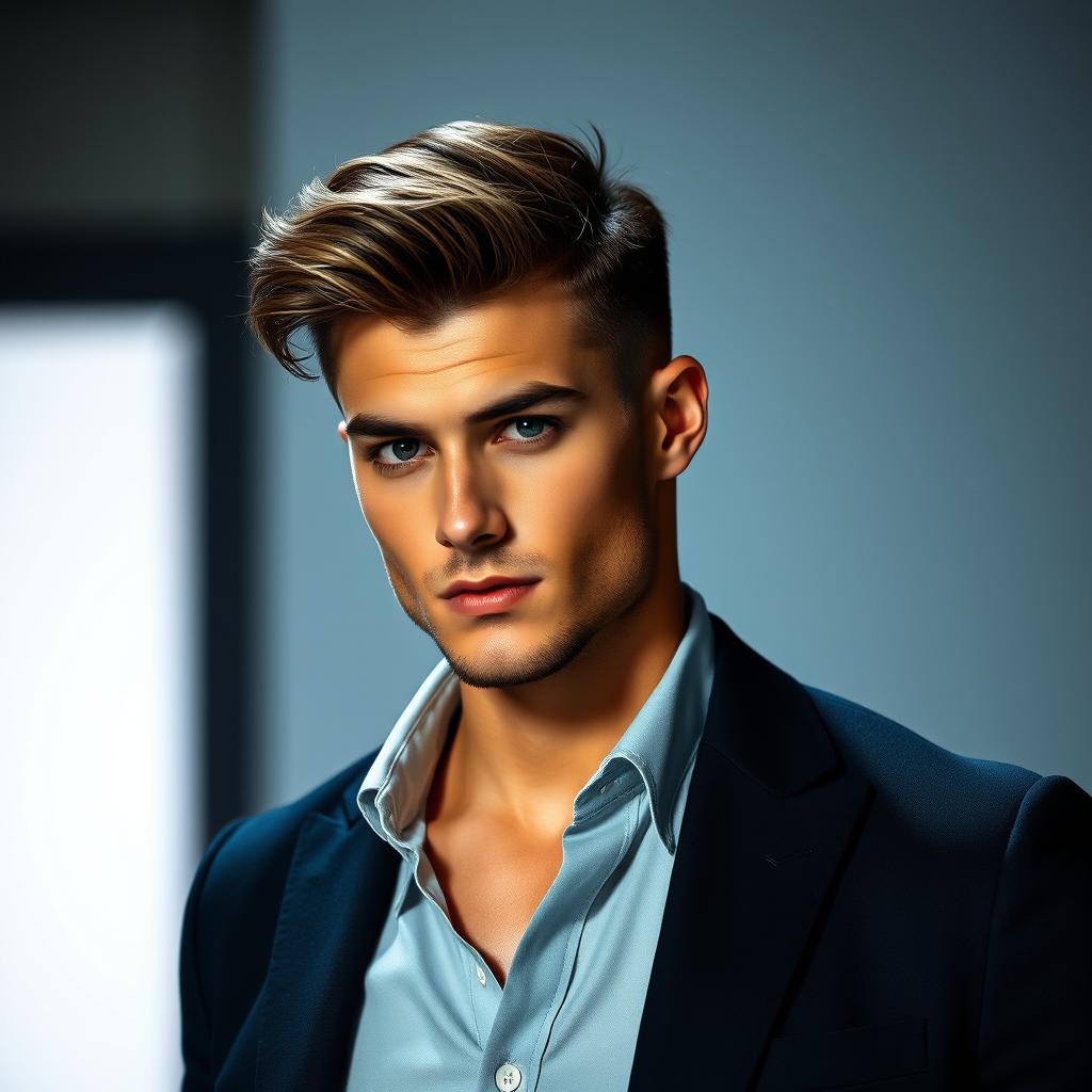 A handsome male model with sharp features and a confident expression, showcasing a strong jawline and flawless skin
