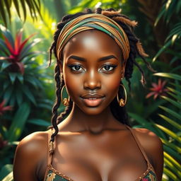 A stunning 25-year-old woman with light black skin, featuring very large breasts, dressed in jungle attire that blends beautifully with the lush surroundings