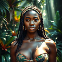 A stunning 25-year-old woman with light black skin, featuring very large breasts, dressed in jungle attire that blends beautifully with the lush surroundings