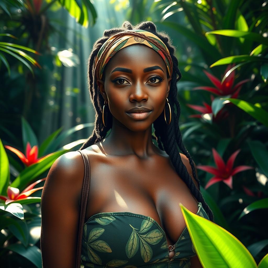 A stunning 25-year-old woman with light black skin, featuring very large breasts, dressed in jungle attire that blends beautifully with the lush surroundings