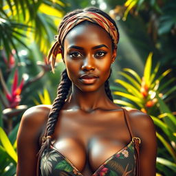 A stunning 25-year-old woman with light black skin, featuring very large breasts, dressed in jungle attire that blends beautifully with the lush surroundings