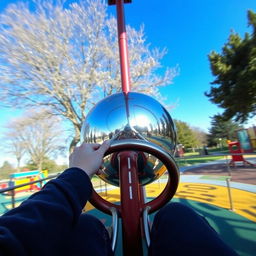 A perspective view from someone sitting on a simple metal merry-go-round, spinning around