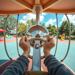 A perspective view from someone sitting on a simple metal merry-go-round, spinning around