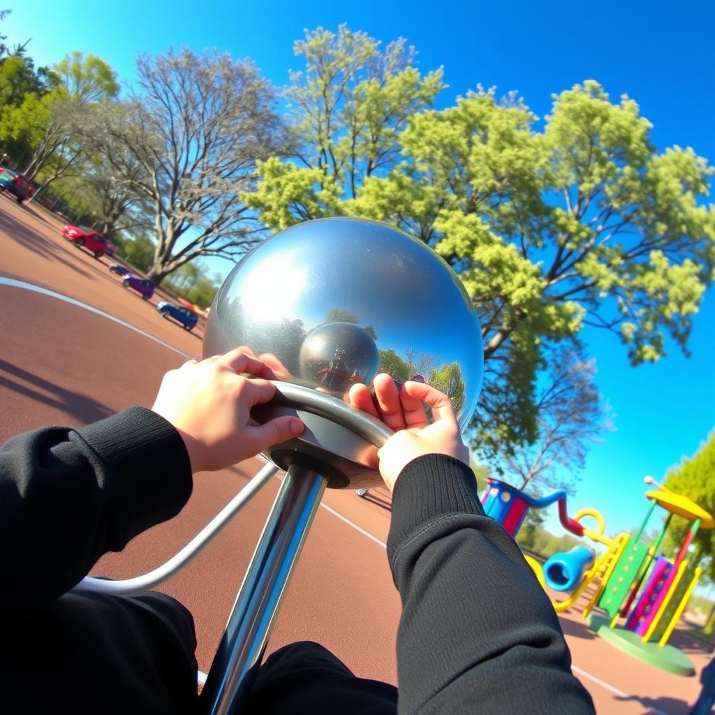 A perspective view from someone sitting on a simple metal merry-go-round, spinning around