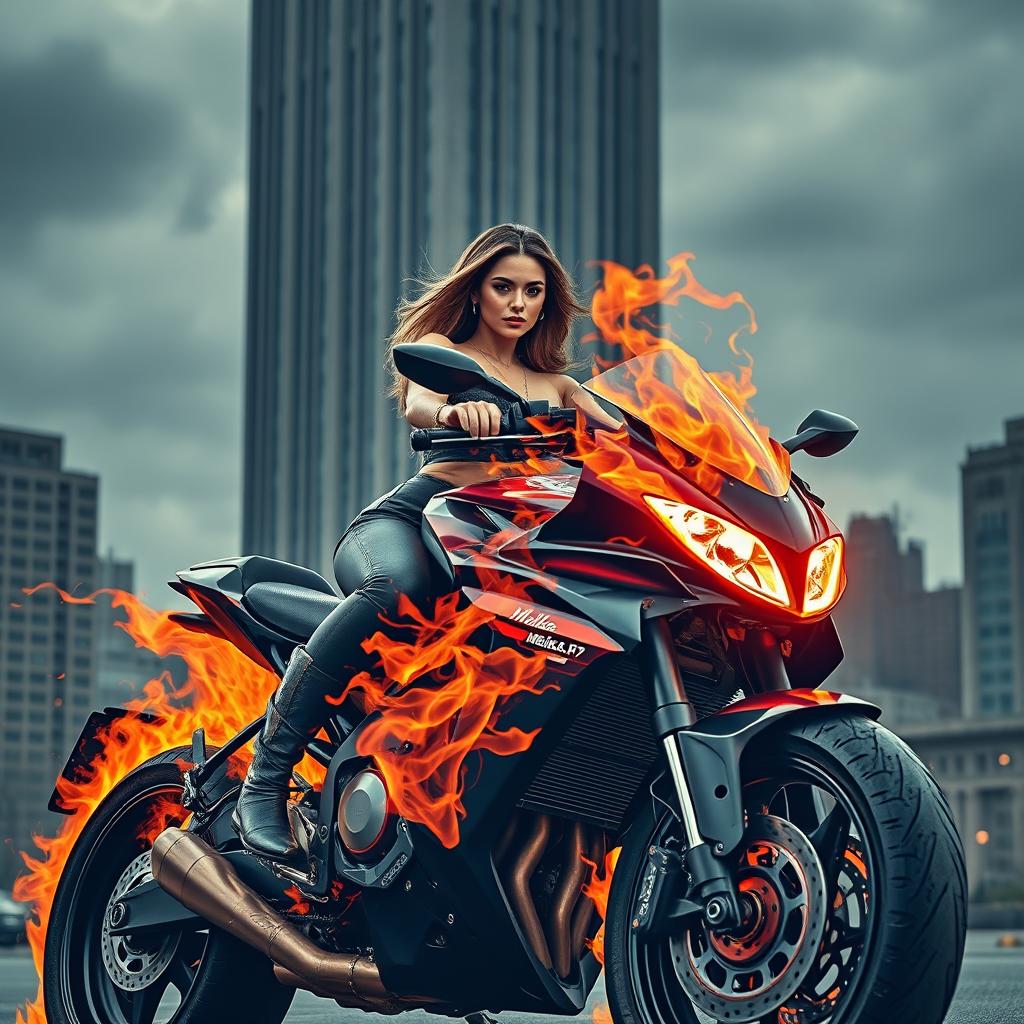 A wealthy woman confidently riding a sleek motorcycle engulfed in flames