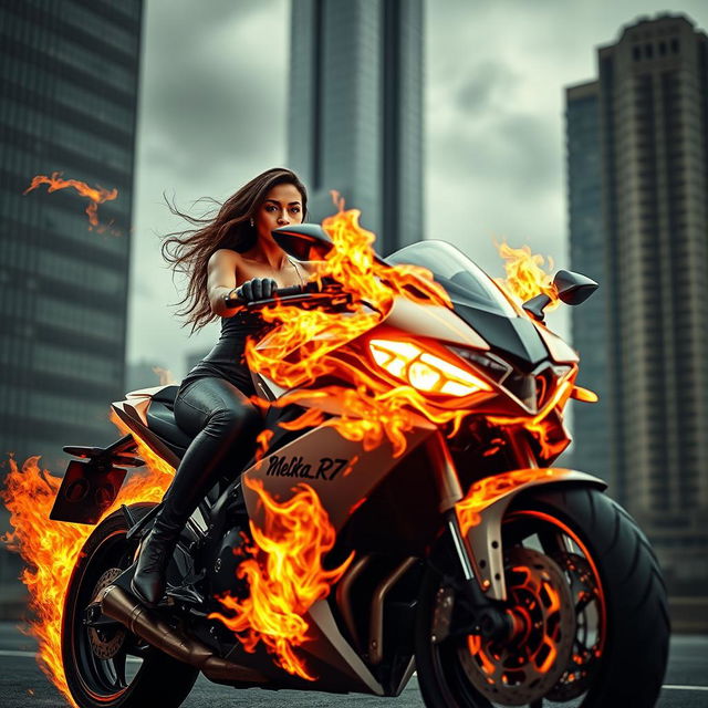 A wealthy woman confidently riding a sleek motorcycle engulfed in flames