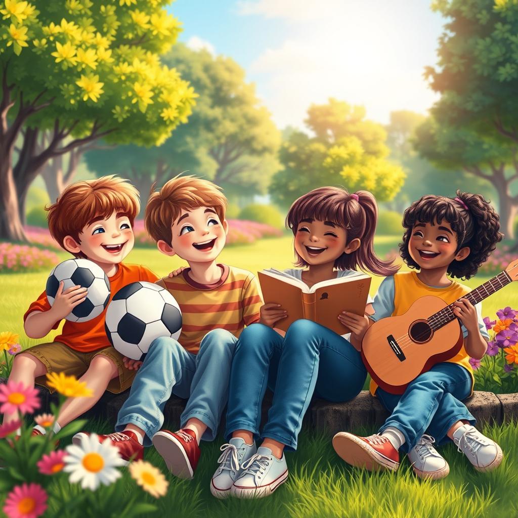 A heartfelt scene depicting childhood friends sitting together, gazing towards a bright, hopeful future