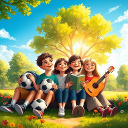 A heartfelt scene depicting childhood friends sitting together, gazing towards a bright, hopeful future