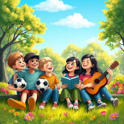 A heartfelt scene depicting childhood friends sitting together, gazing towards a bright, hopeful future