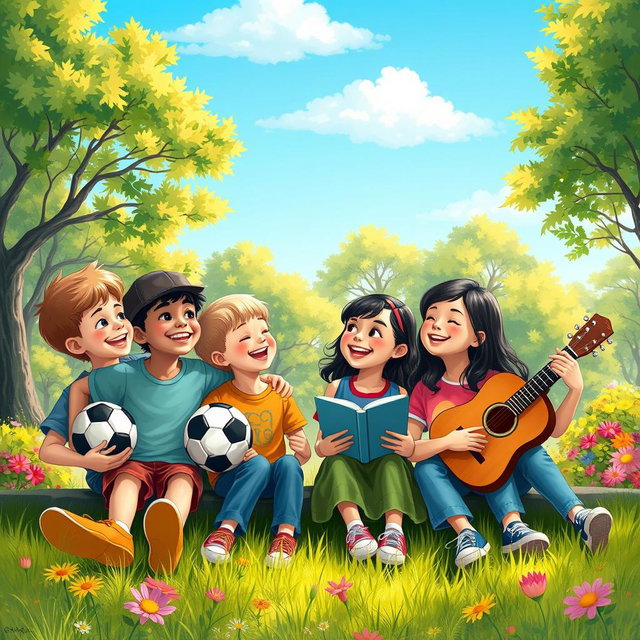 A heartfelt scene depicting childhood friends sitting together, gazing towards a bright, hopeful future