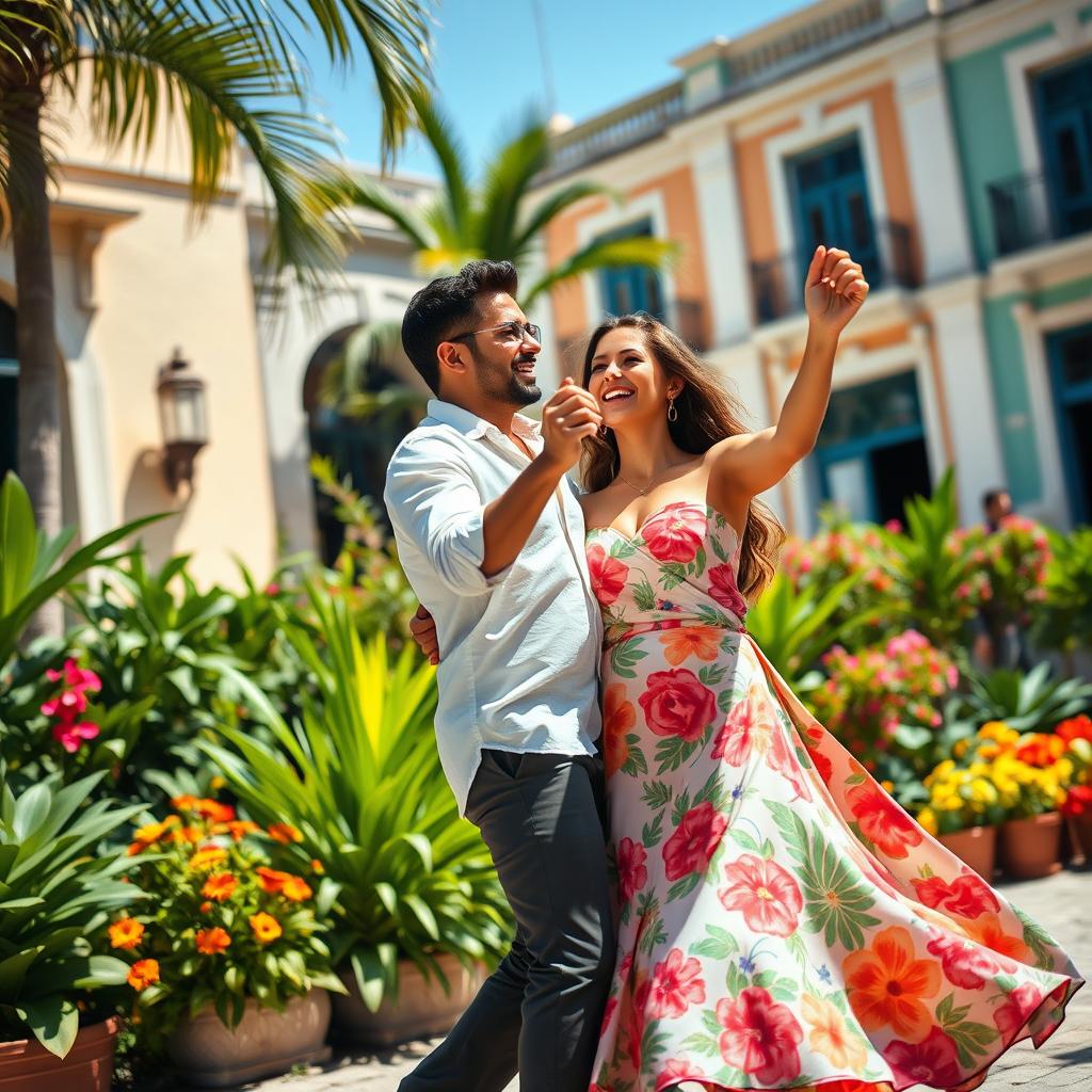 A lively summer day scene featuring a Cuban couple dancing joyously in a vibrant outdoor environment