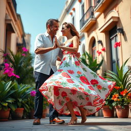 A lively summer day scene featuring a Cuban couple dancing joyously in a vibrant outdoor environment