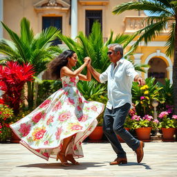 A lively summer day scene featuring a Cuban couple dancing joyously in a vibrant outdoor environment