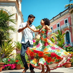 A lively summer day scene featuring a Cuban couple dancing joyously in a vibrant outdoor environment