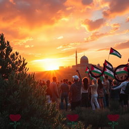 A powerful and inspiring scene symbolizing hope and resilience, featuring a majestic sunset over the Palestinian landscape