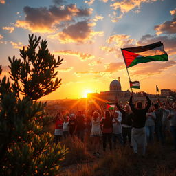 A powerful and inspiring scene symbolizing hope and resilience, featuring a majestic sunset over the Palestinian landscape